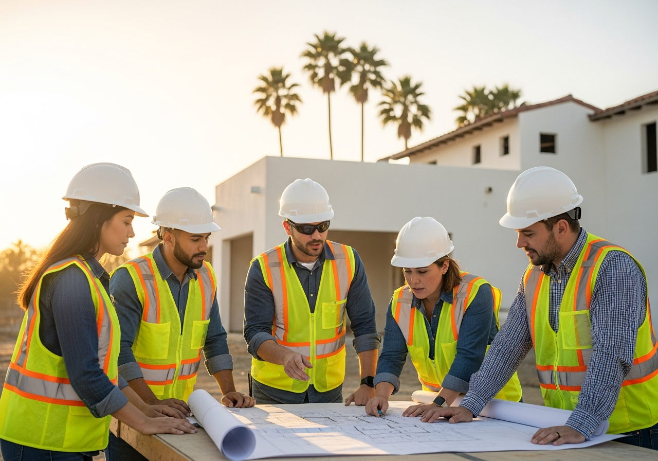 Summit & Stone team reviewing blueprints